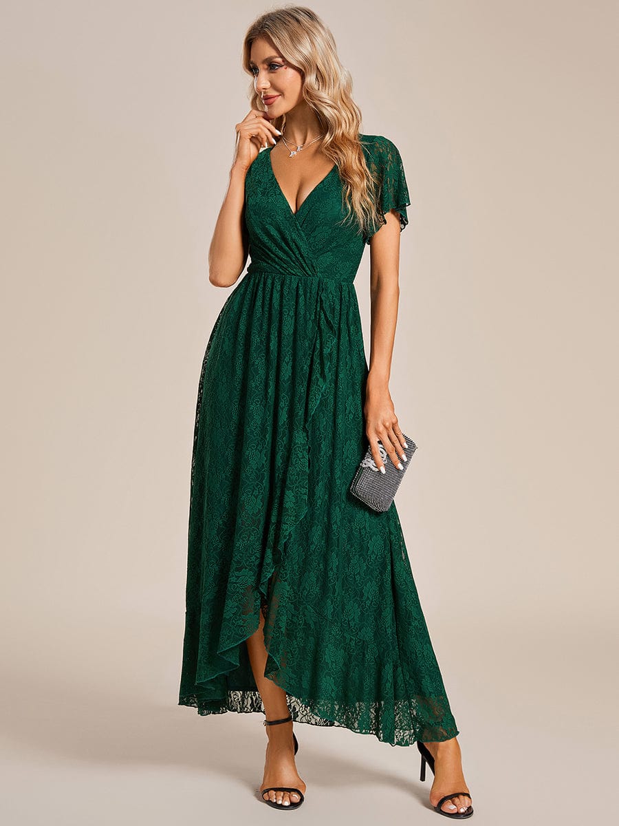 V-Neck Short Sleeve Pleated Ruffled Lace Evening Dress #Color_Dark Green