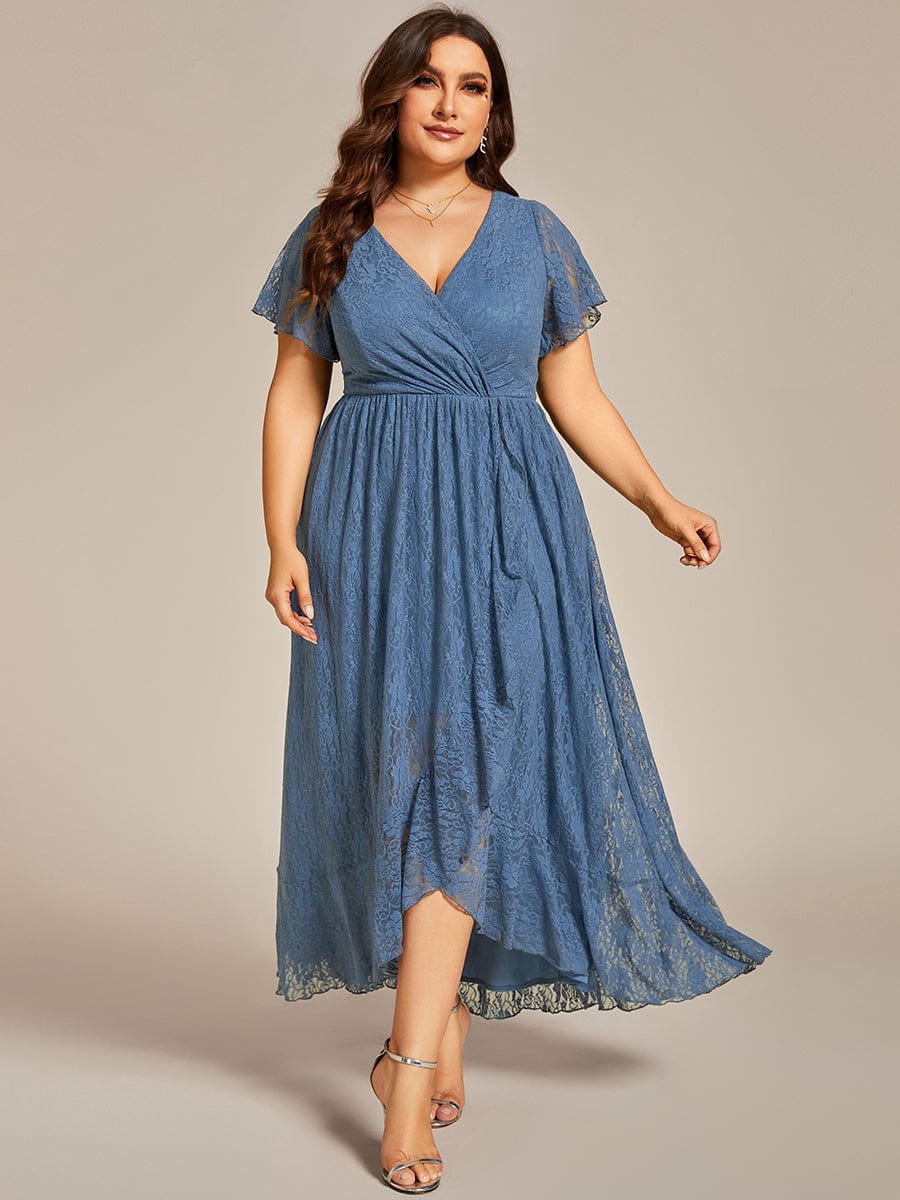 V-Neck Short Sleeve Pleated Ruffled Lace Evening Dress #color_Dusty Blue