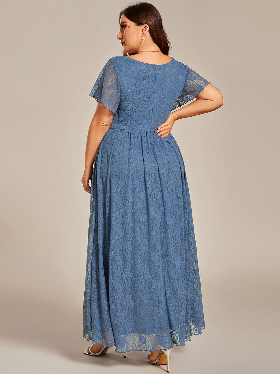 V-Neck Short Sleeve Pleated Ruffled Lace Evening Dress #color_Dusty Blue