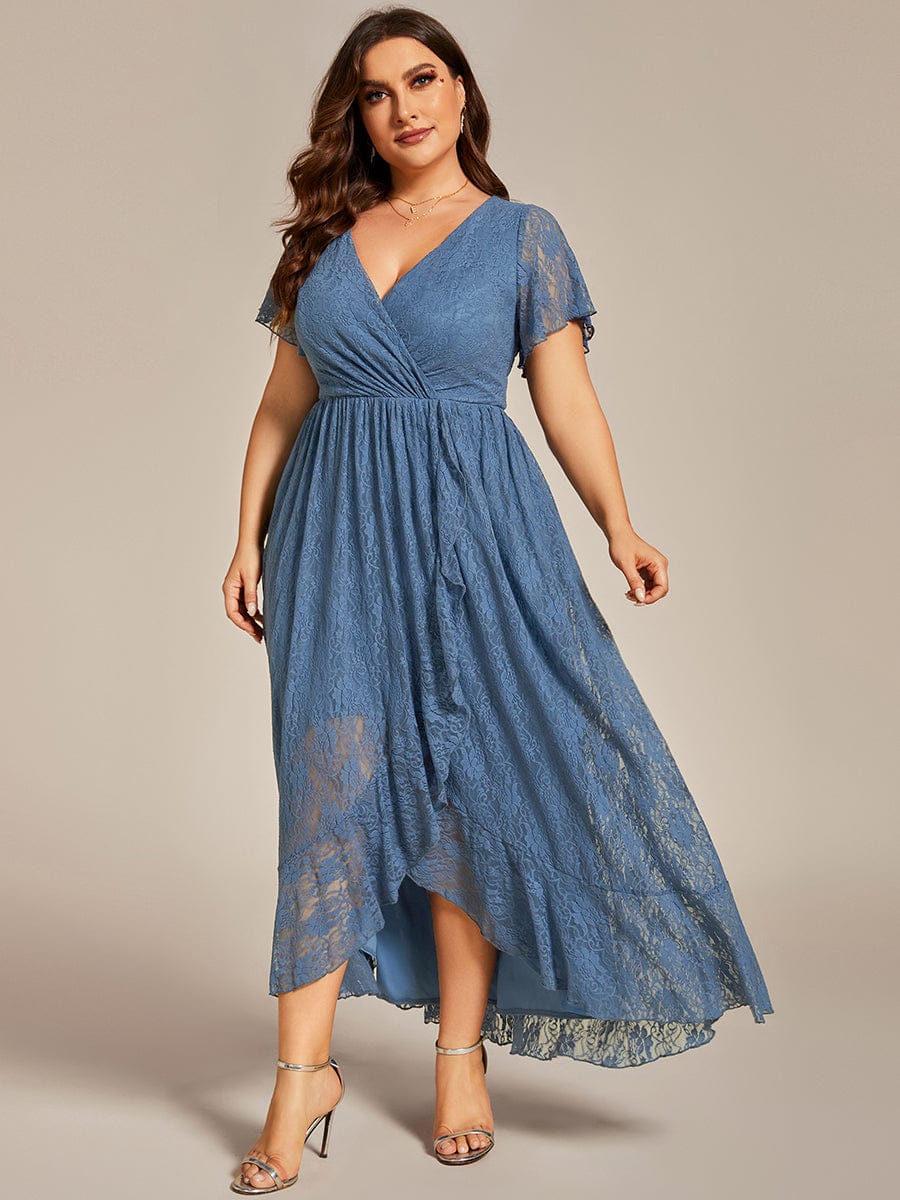 V-Neck Short Sleeve Pleated Ruffled Lace Evening Dress #color_Dusty Blue