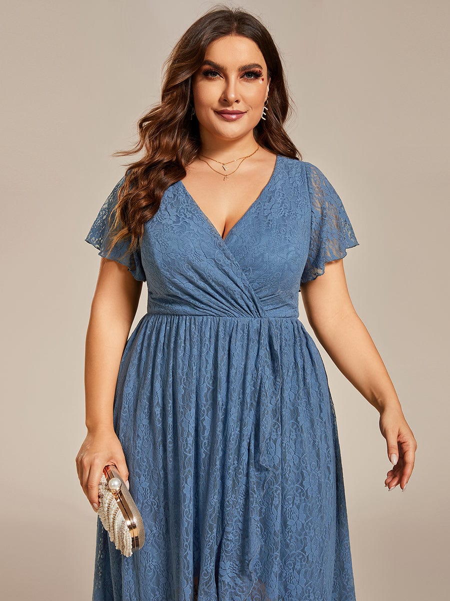 V-Neck Short Sleeve Pleated Ruffled Lace Evening Dress #color_Dusty Blue