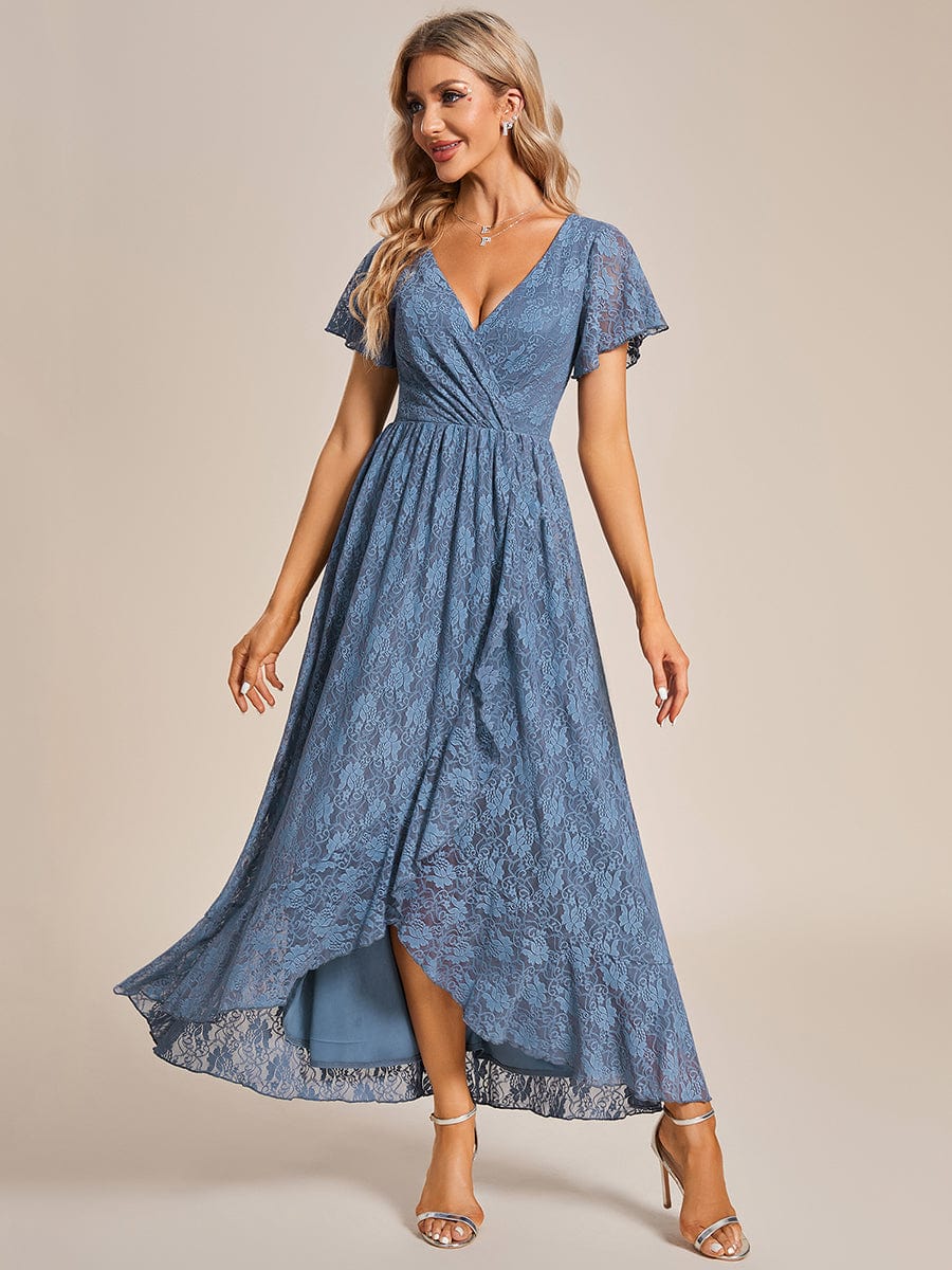 V-Neck Short Sleeve Pleated Ruffled Lace Evening Dress #color_Dusty Blue