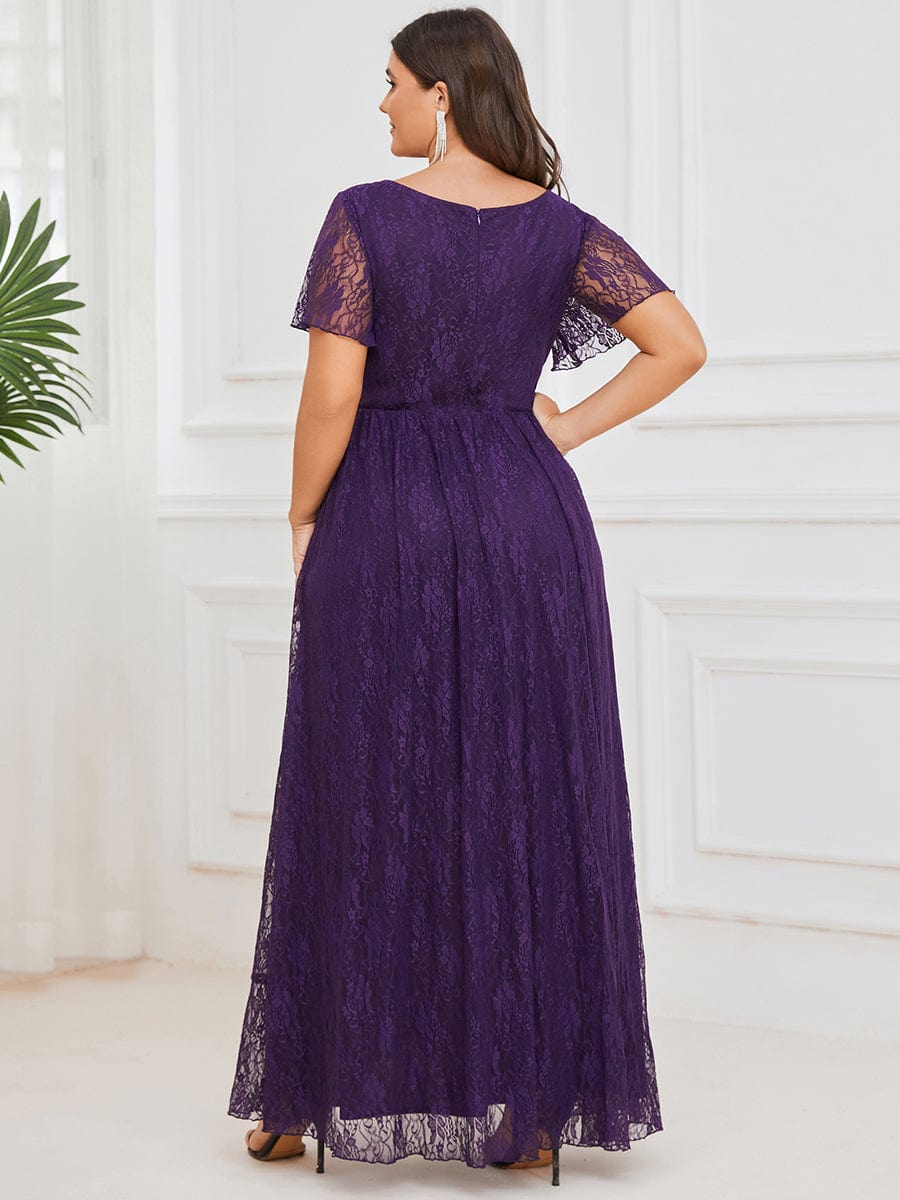 V-Neck Short Sleeve Pleated Ruffled Lace Evening Dress #Color_Dark Purple