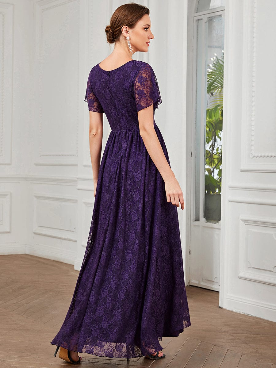 V-Neck Short Sleeve Pleated Ruffled Lace Evening Dress #Color_Dark Purple