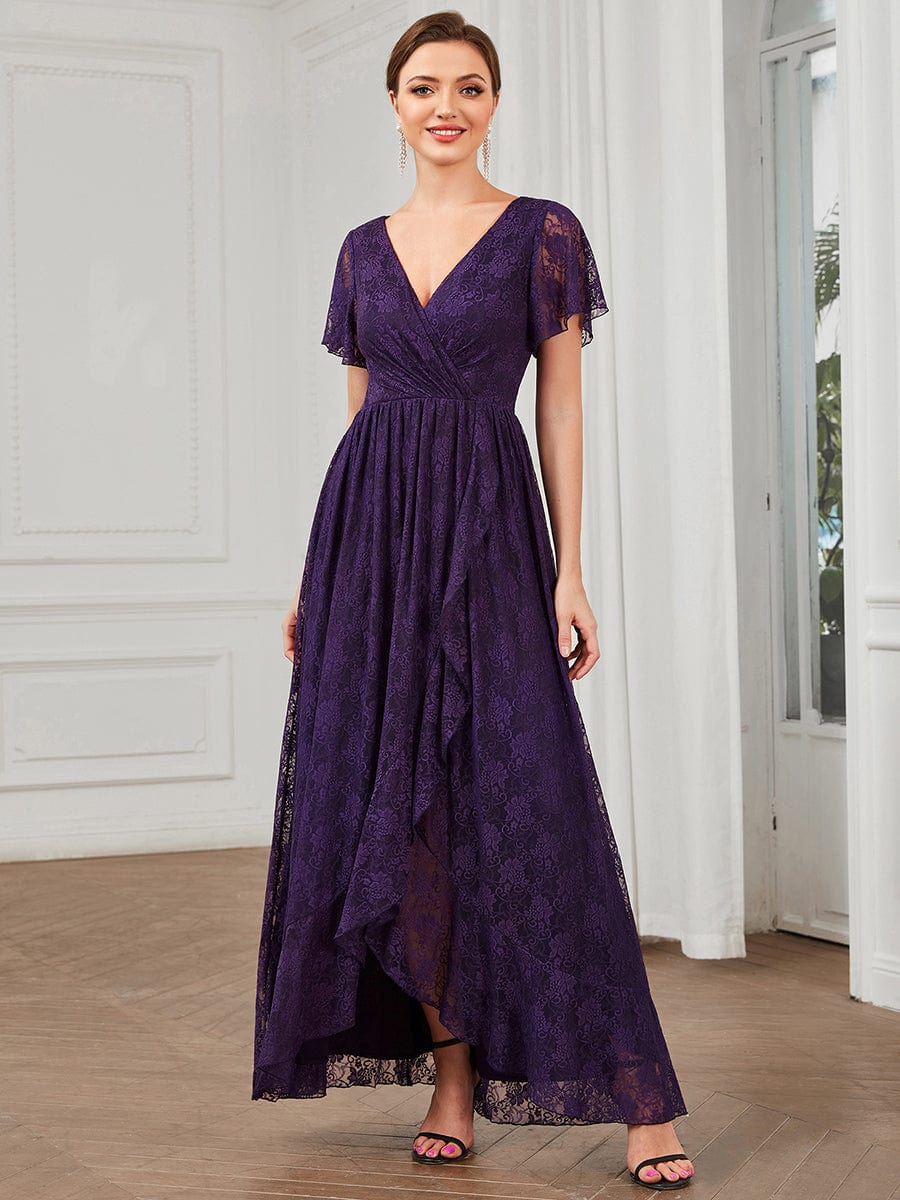 V-Neck Short Sleeve Pleated Ruffled Lace Evening Dress #Color_Dark Purple