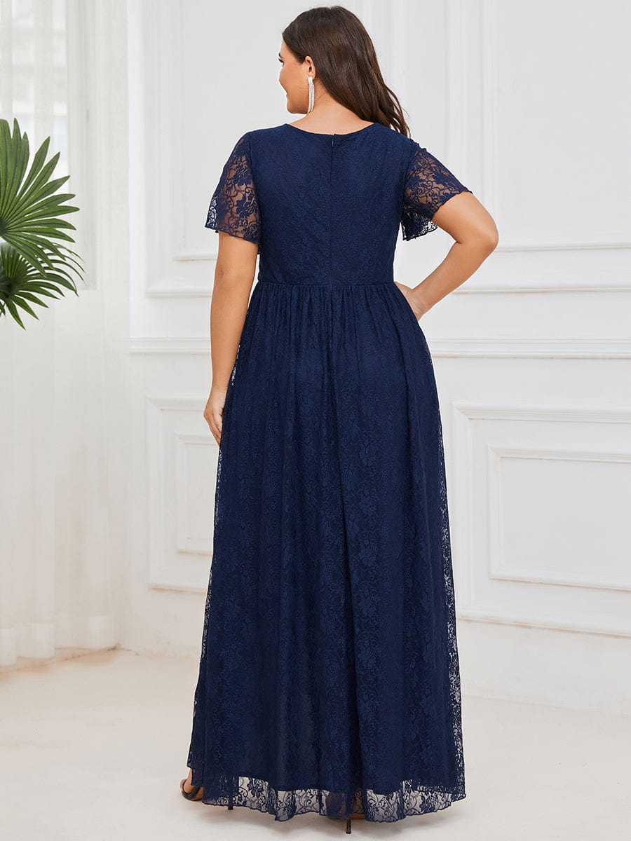 V-Neck Short Sleeve Pleated Ruffled Lace Evening Dress #Color_Navy Blue