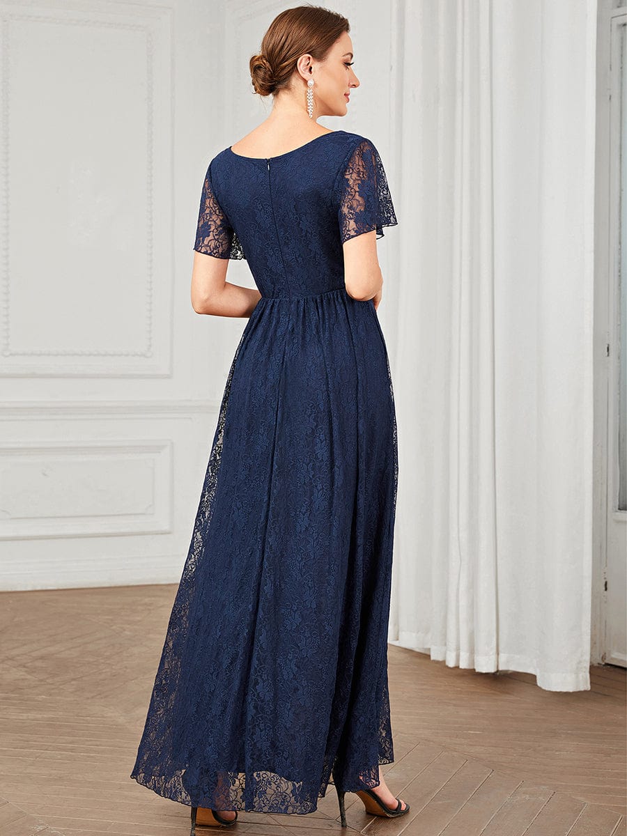 V-Neck Short Sleeve Pleated Ruffled Lace Evening Dress #Color_Navy Blue