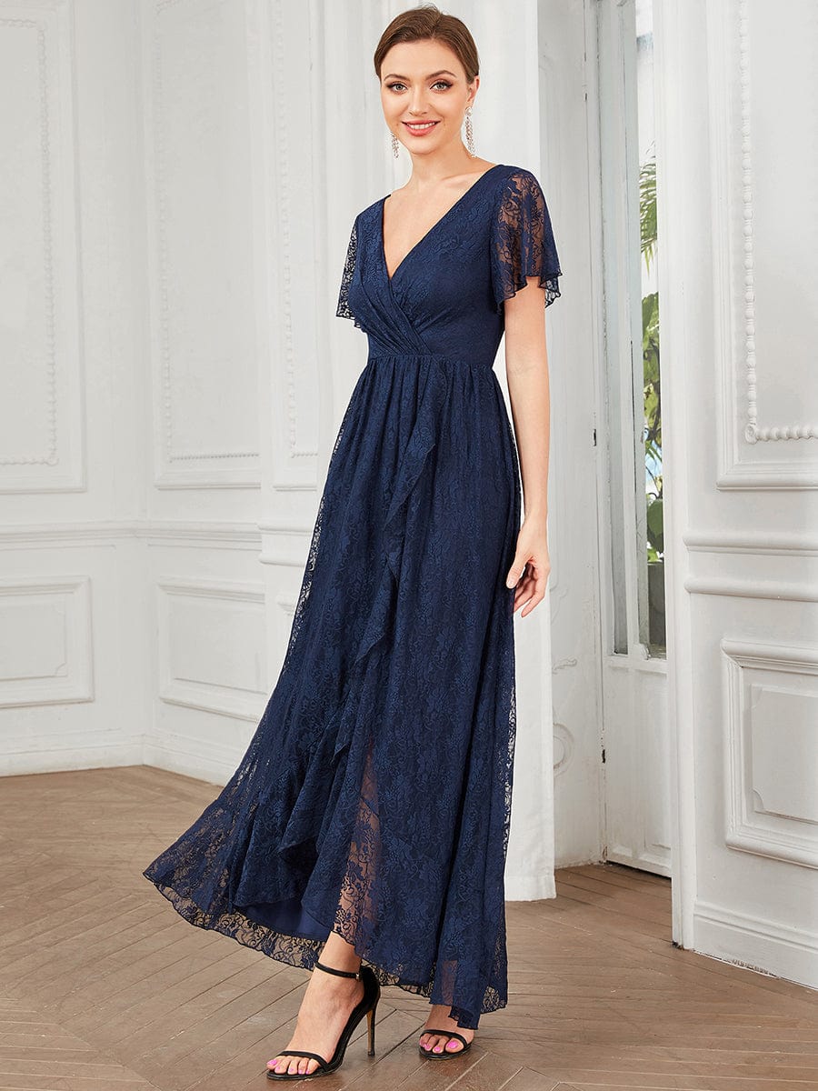 V-Neck Short Sleeve Pleated Ruffled Lace Evening Dress #Color_Navy Blue