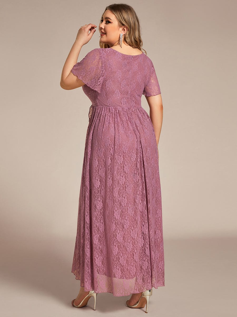 V-Neck Short Sleeve Pleated Ruffled Lace Evening Dress #Color_Purple Orchid