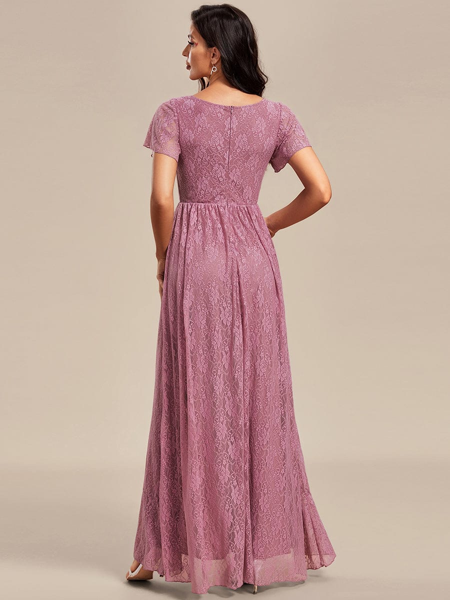 V-Neck Short Sleeve Pleated Ruffled Lace Evening Dress #Color_Purple Orchid