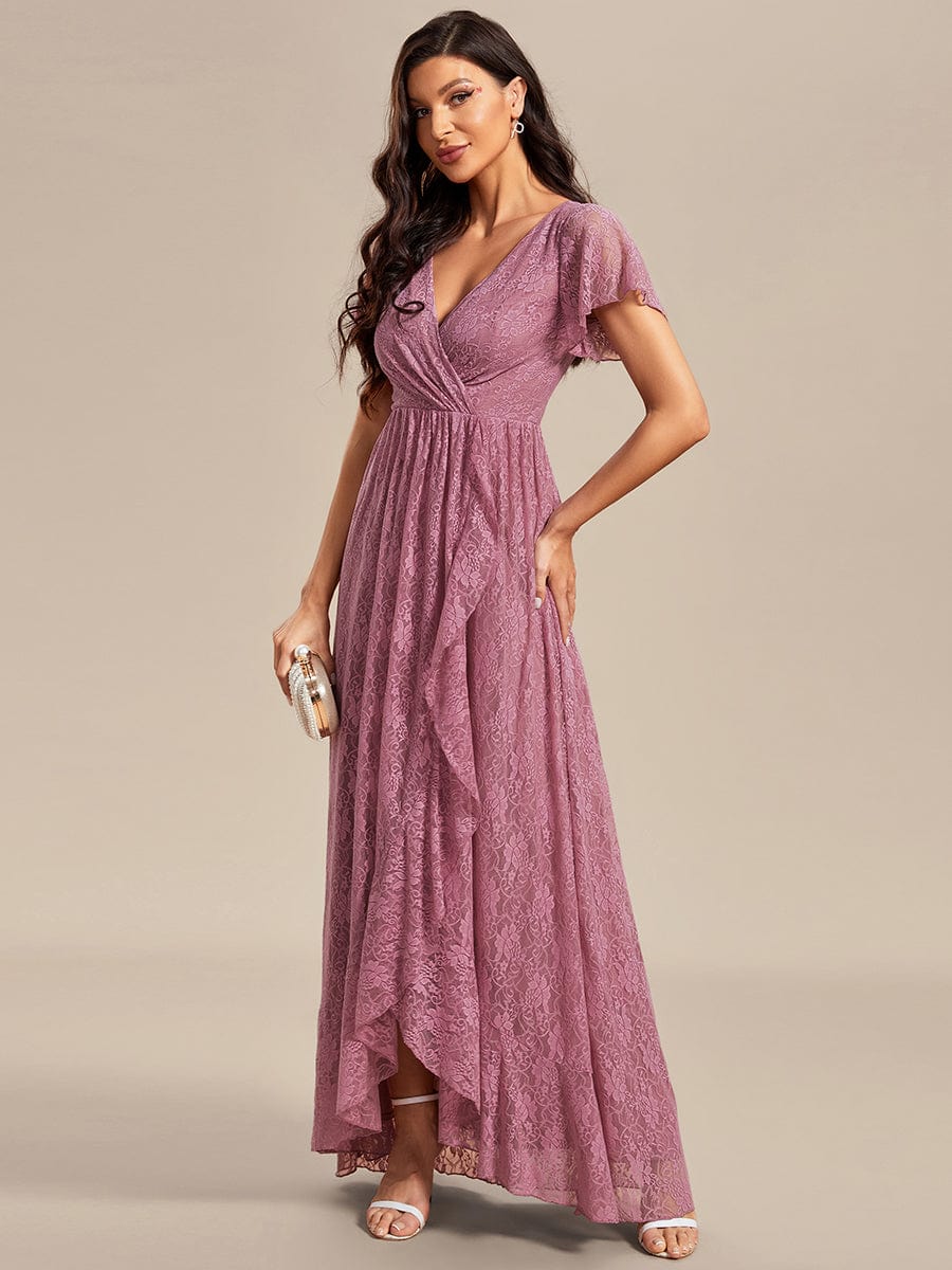 V-Neck Short Sleeve Pleated Ruffled Lace Evening Dress #Color_Purple Orchid