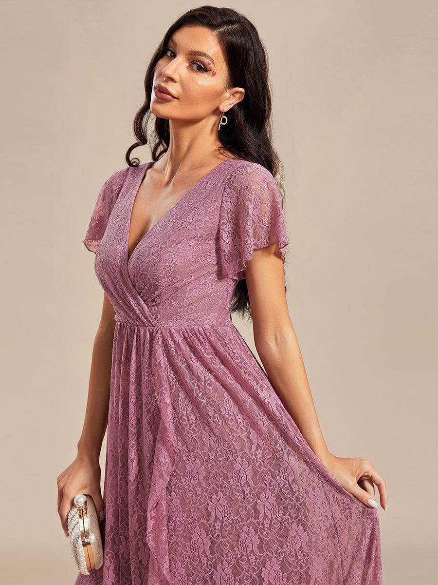 V-Neck Short Sleeve Pleated Ruffled Lace Evening Dress #Color_Purple Orchid