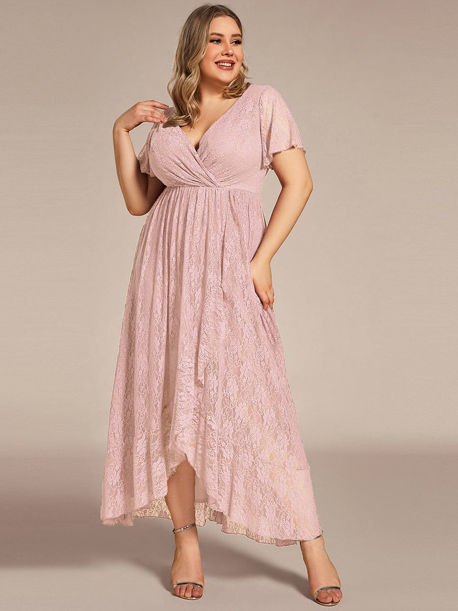 Plus size V-Neck Short Sleeve Pleated Ruffled Lace Evening Dress #Color_Pink