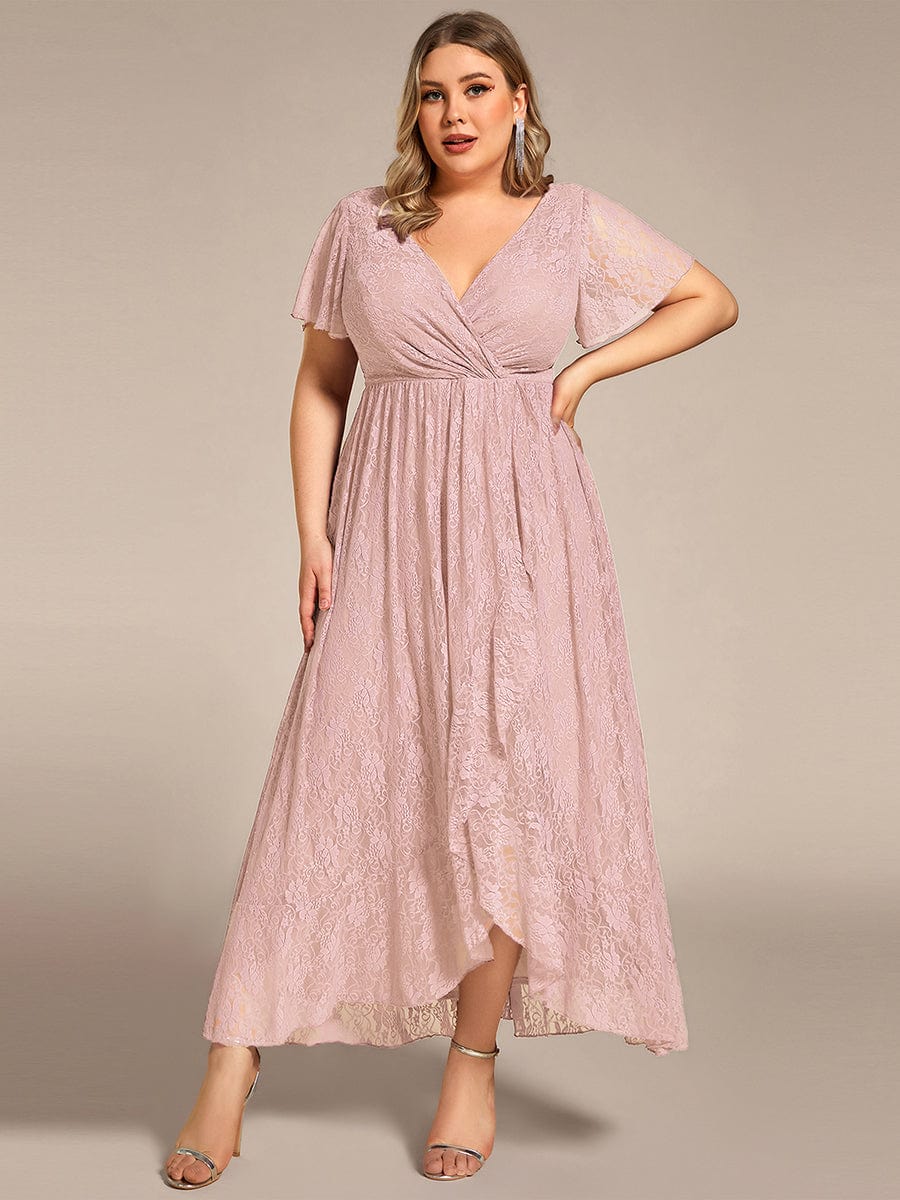 Plus size V-Neck Short Sleeve Pleated Ruffled Lace Evening Dress #Color_Pink