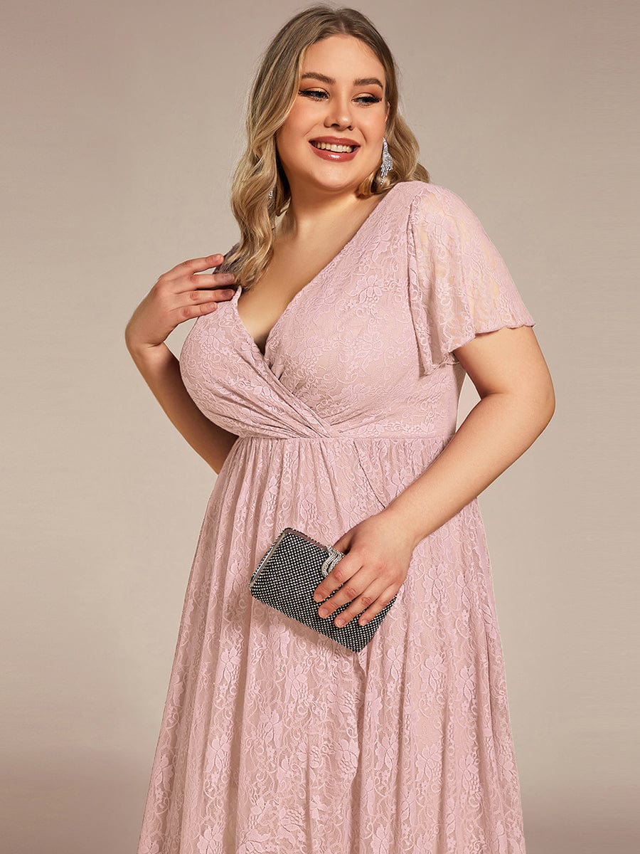 Plus size V-Neck Short Sleeve Pleated Ruffled Lace Evening Dress #Color_Pink