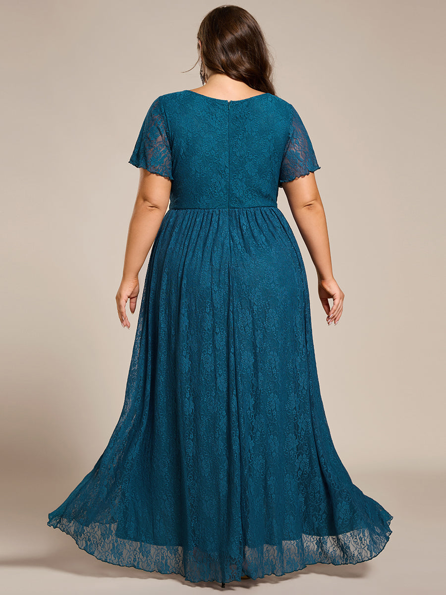 V-Neck Short Sleeve Pleated Ruffled Lace Evening Dress #Color_Teal