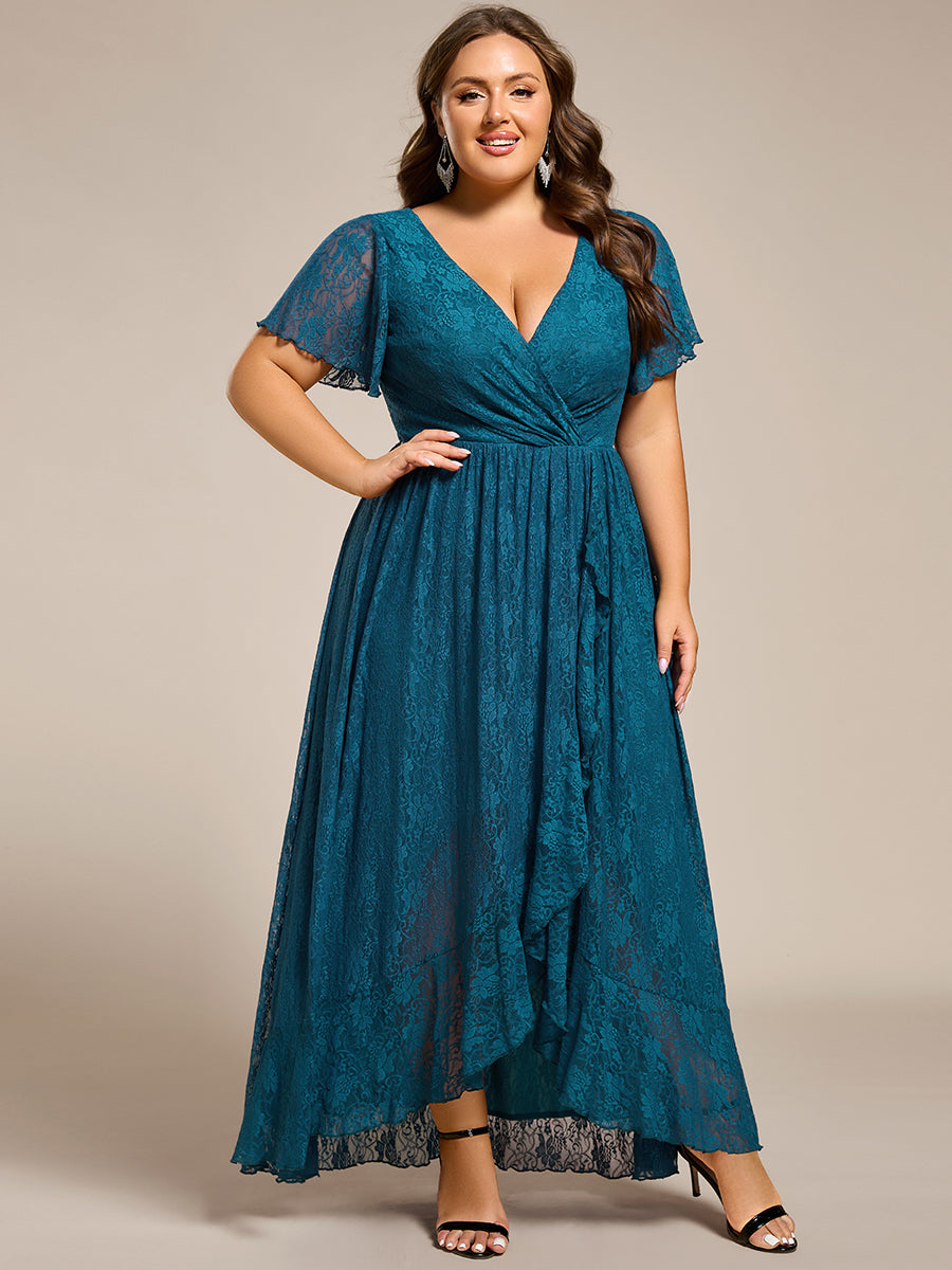 Plus size V-Neck Short Sleeve Pleated Ruffled Lace Evening Dress #Color_Teal