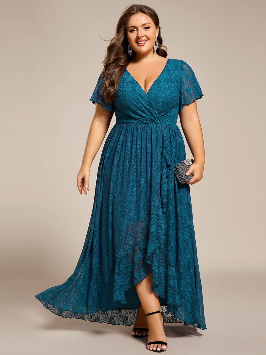 Plus size V-Neck Short Sleeve Pleated Ruffled Lace Evening Dress #Color_Teal