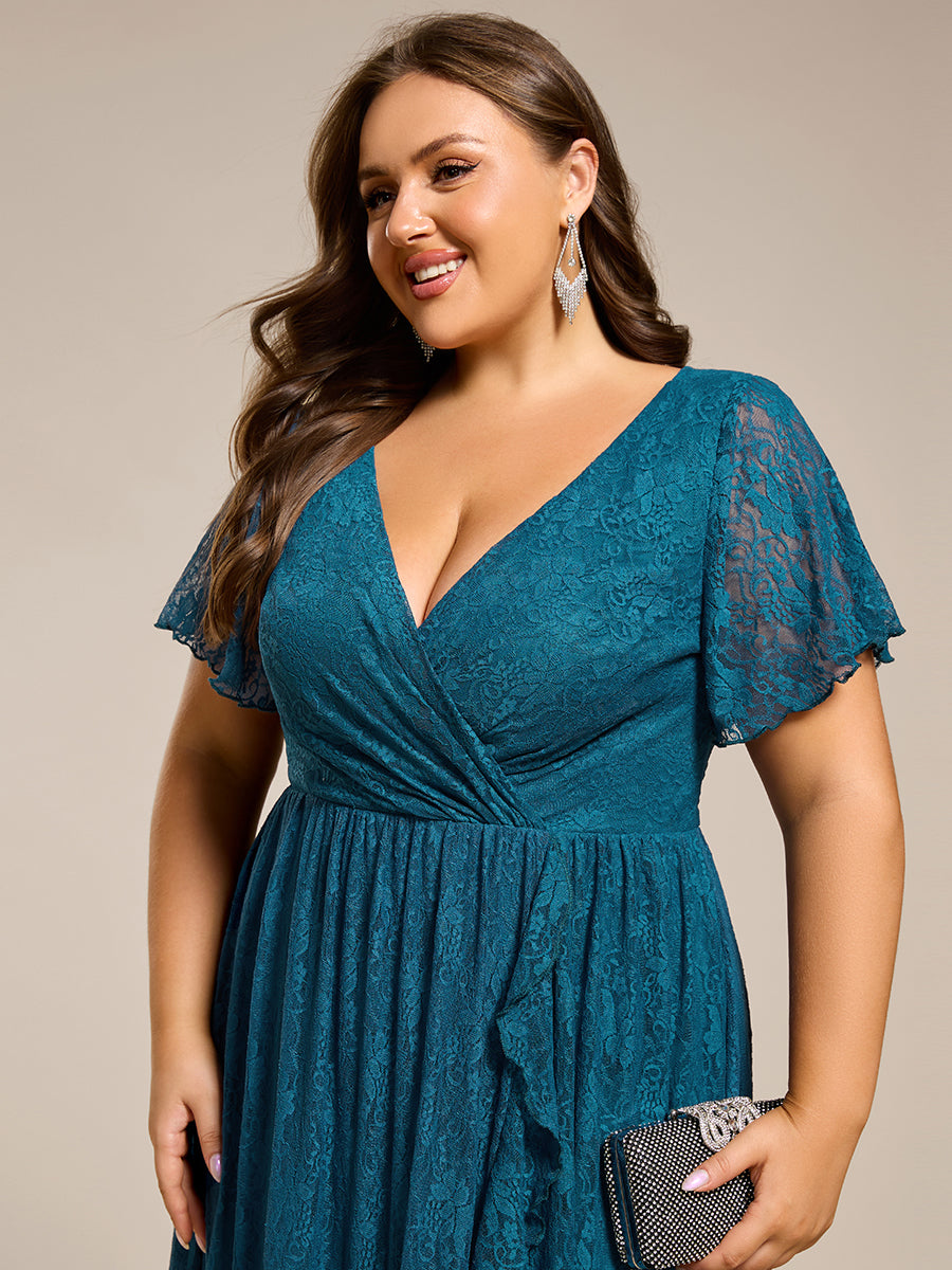 Plus size V-Neck Short Sleeve Pleated Ruffled Lace Evening Dress #Color_Teal