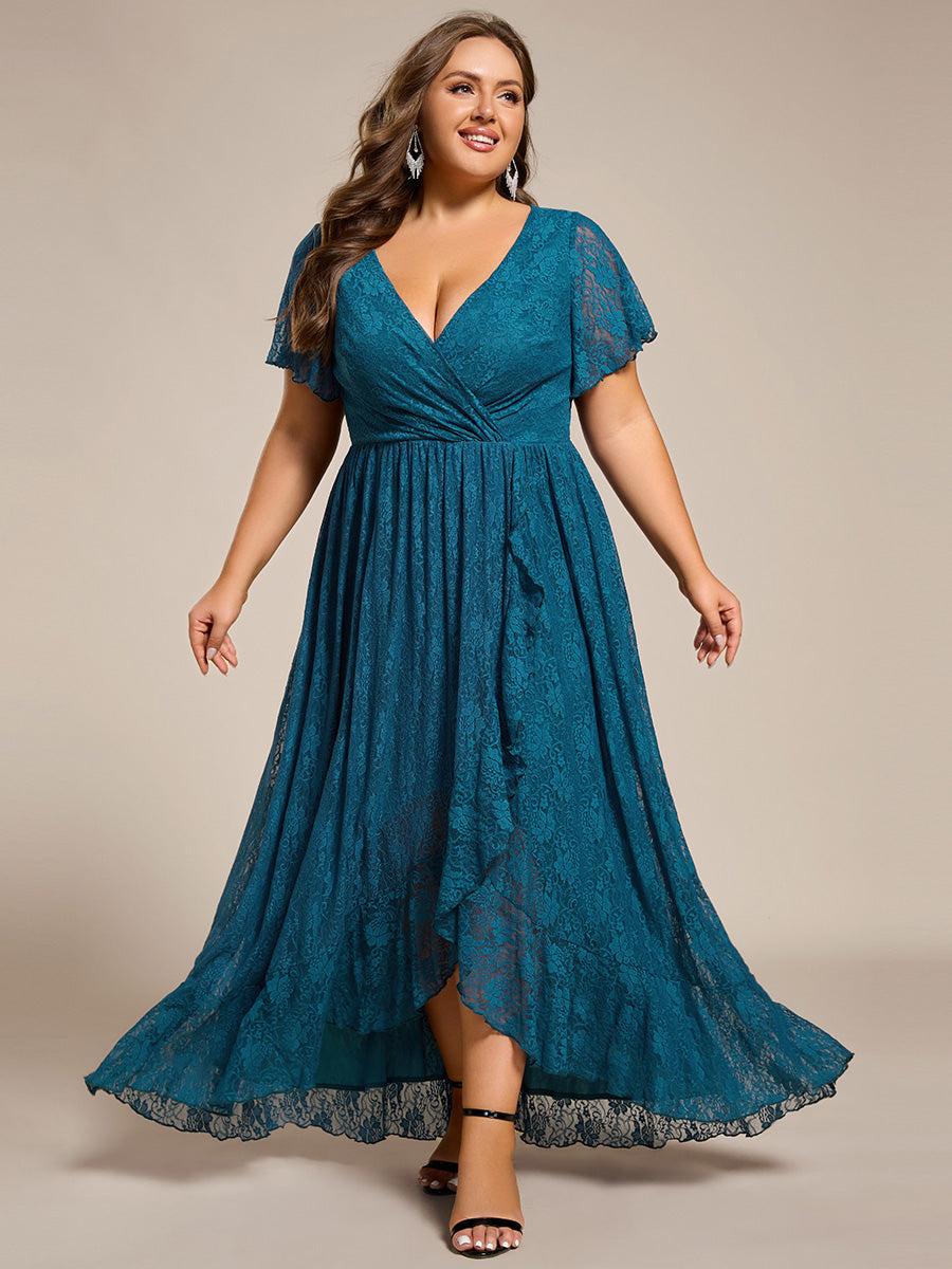 Plus size V-Neck Short Sleeve Pleated Ruffled Lace Evening Dress #Color_Teal