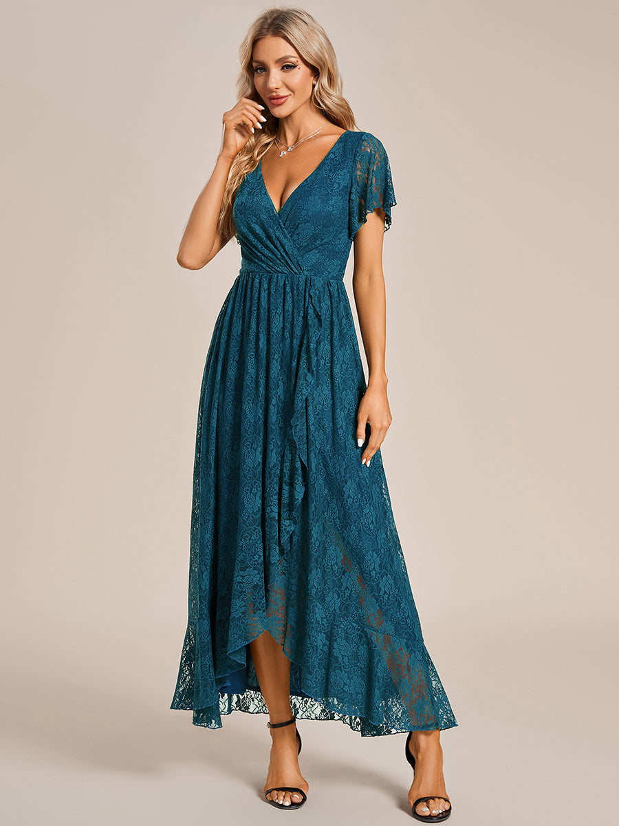 V-Neck Short Sleeve Pleated Ruffled Lace Evening Dress #Color_Teal