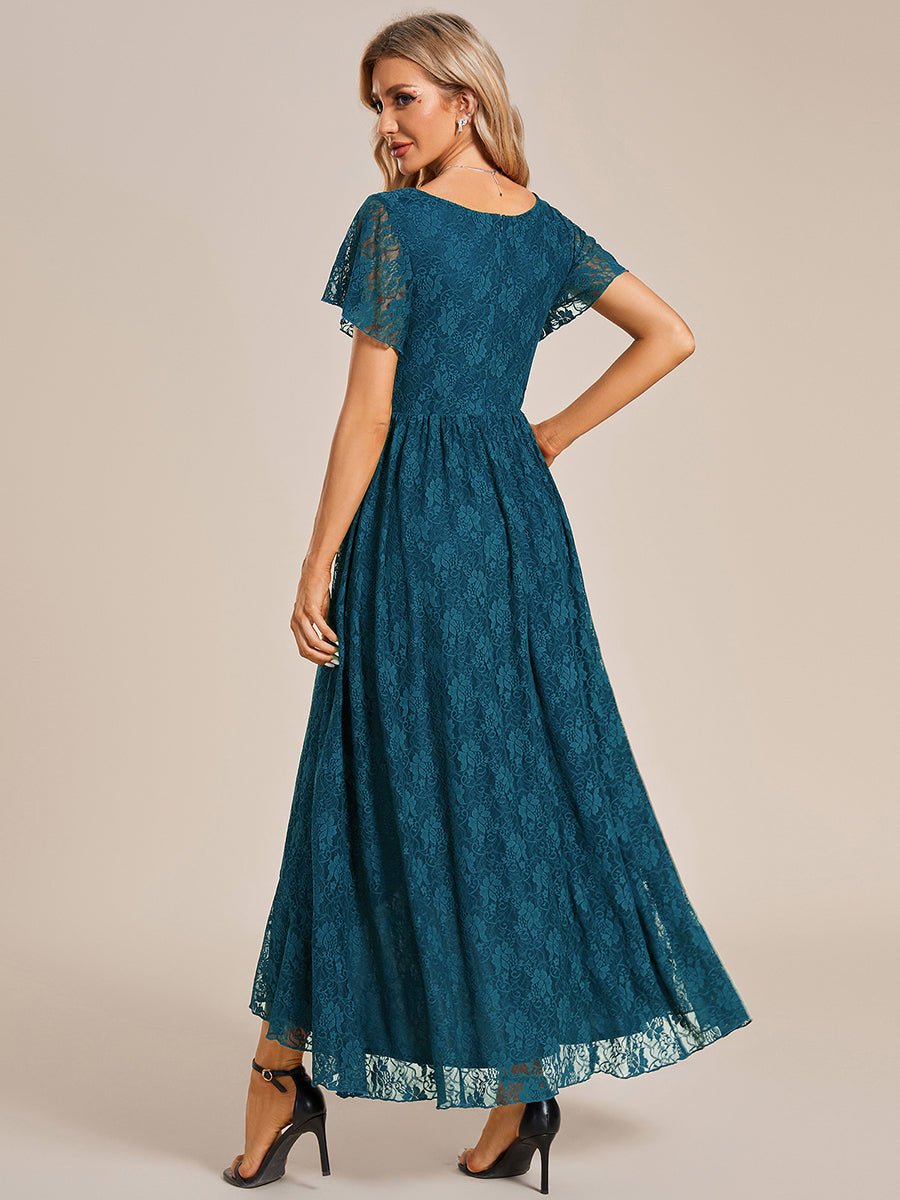 V-Neck Short Sleeve Pleated Ruffled Lace Evening Dress #Color_Teal