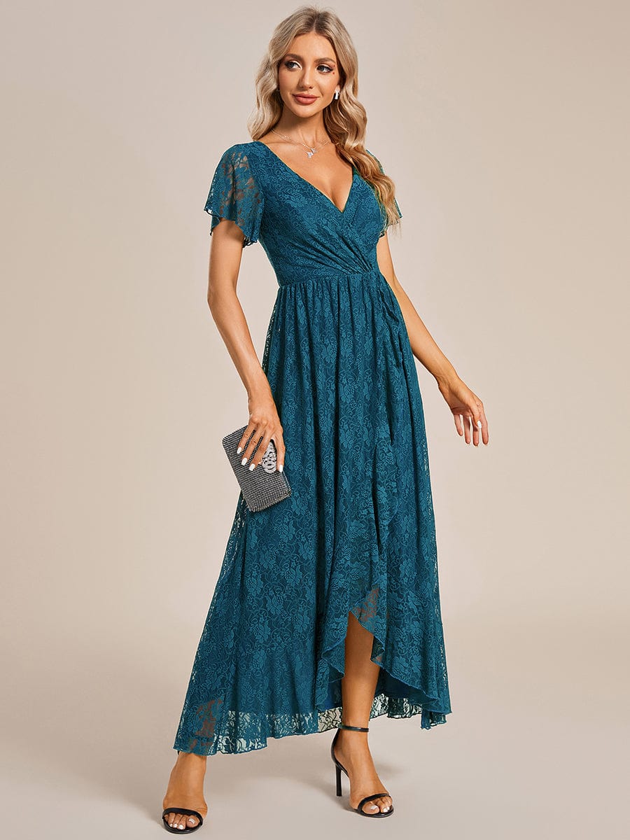 V-Neck Short Sleeve Pleated Ruffled Lace Evening Dress #Color_Teal