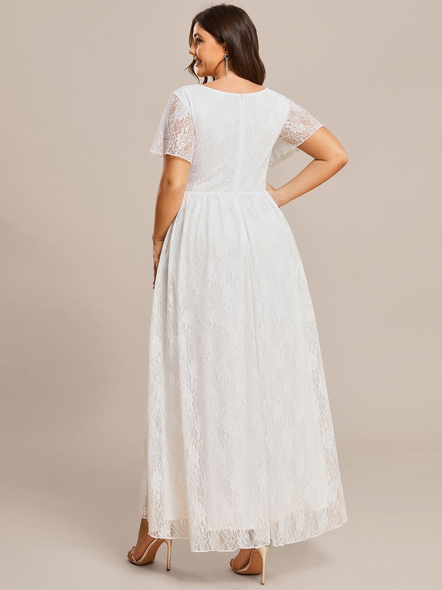 V-Neck Short Sleeve Pleated Ruffled Lace Evening Dress #Color_White