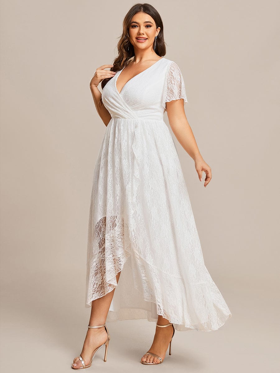 V-Neck Short Sleeve Pleated Ruffled Lace Evening Dress #Color_White