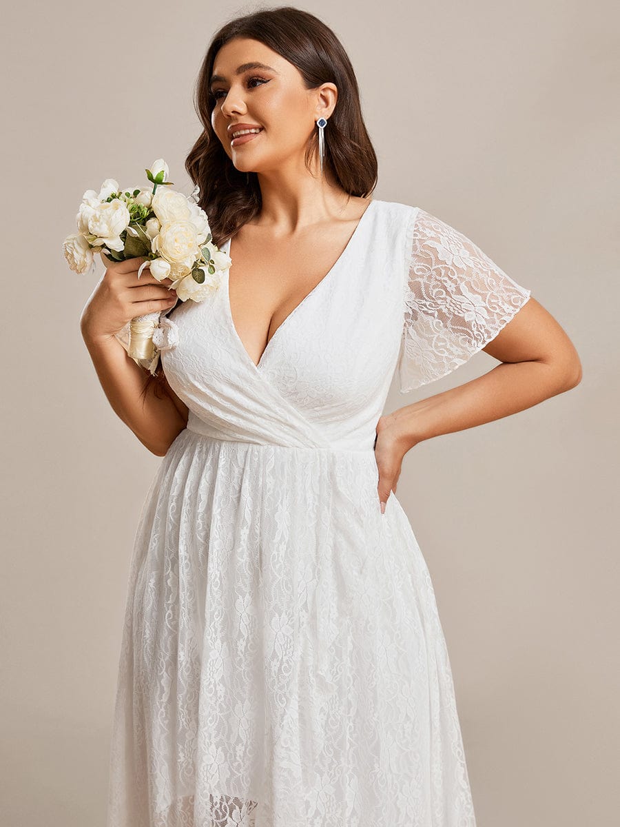 V-Neck Short Sleeve Pleated Ruffled Lace Evening Dress #Color_White