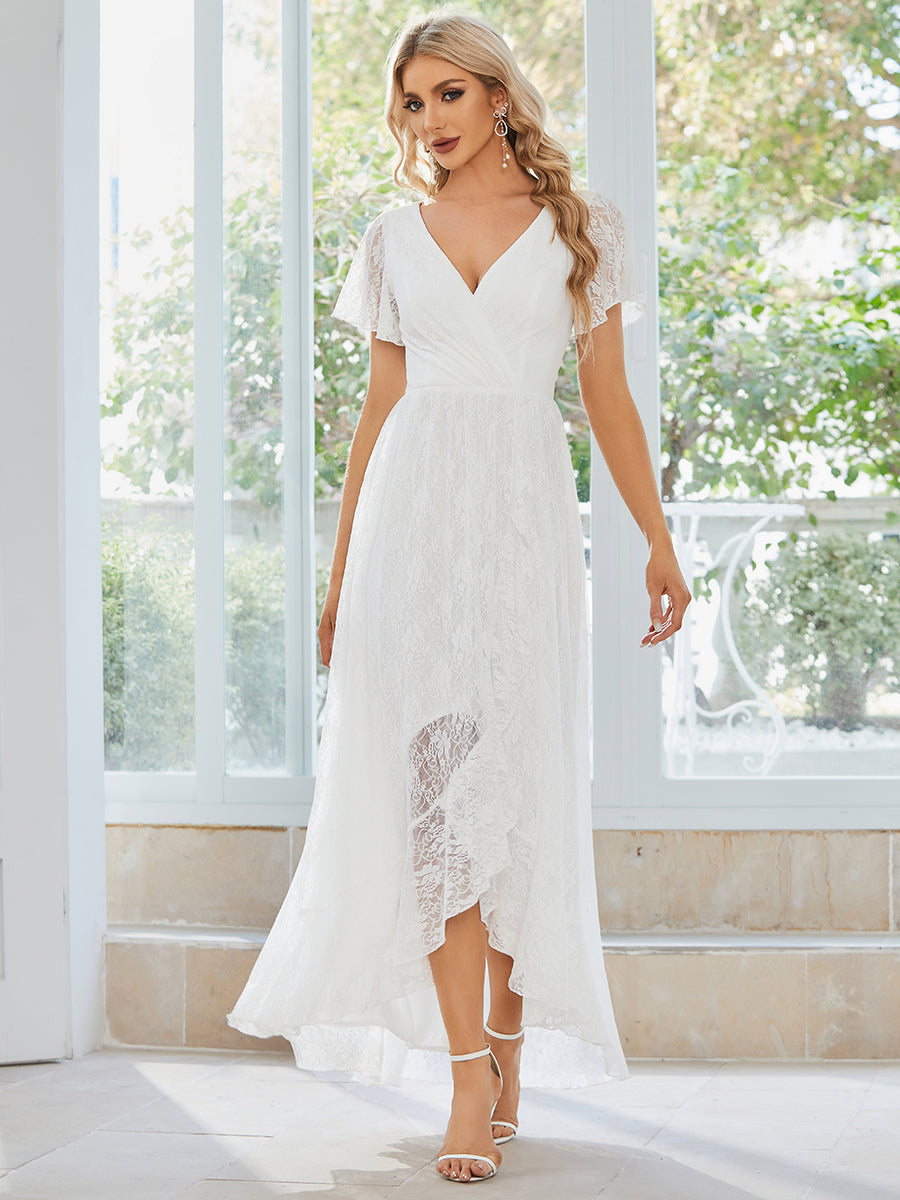 V-Neck Short Sleeve Pleated Ruffled Lace Evening Dress #Color_White