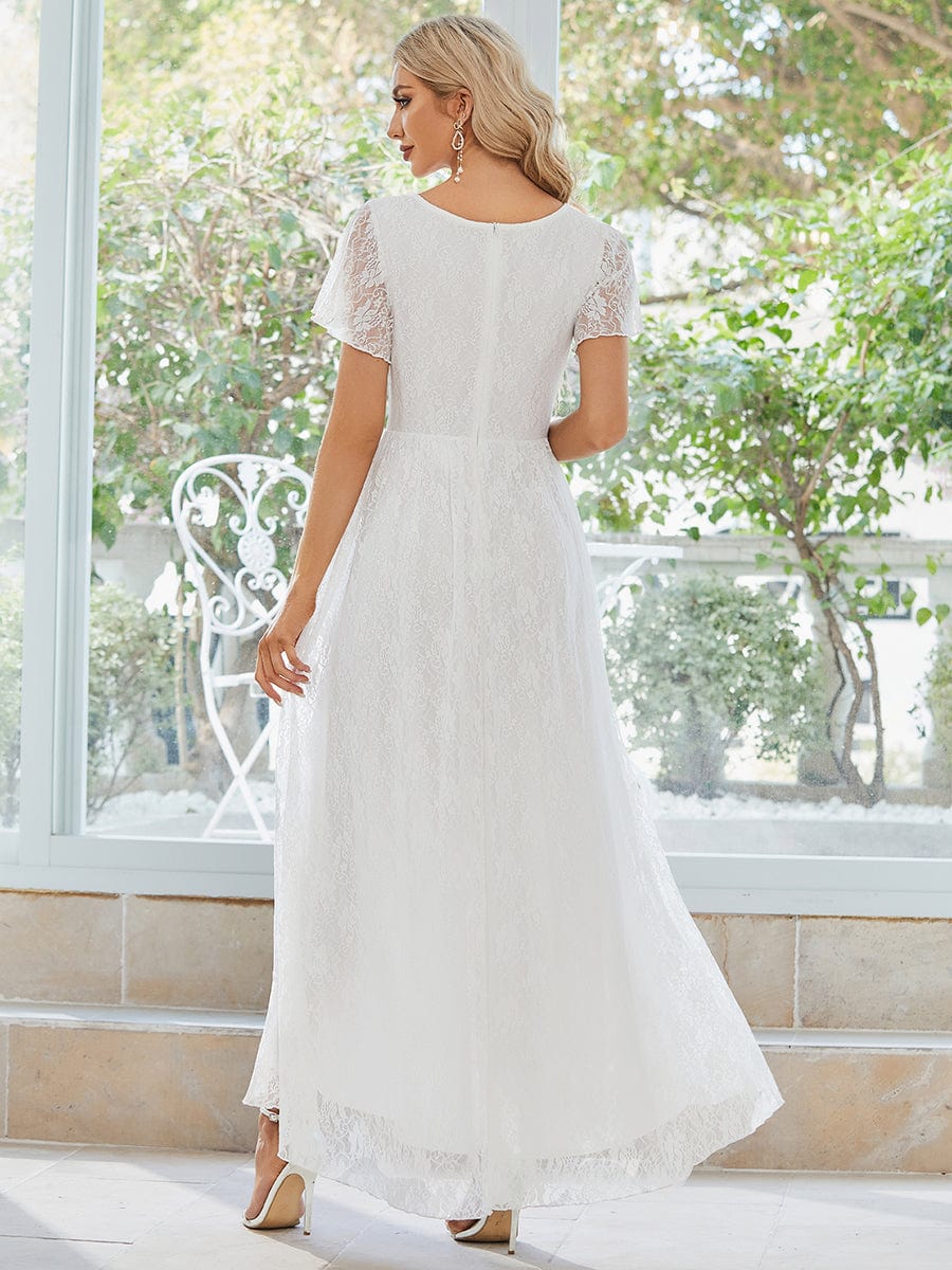 V-Neck Short Sleeve Pleated Ruffled Lace Evening Dress #Color_White