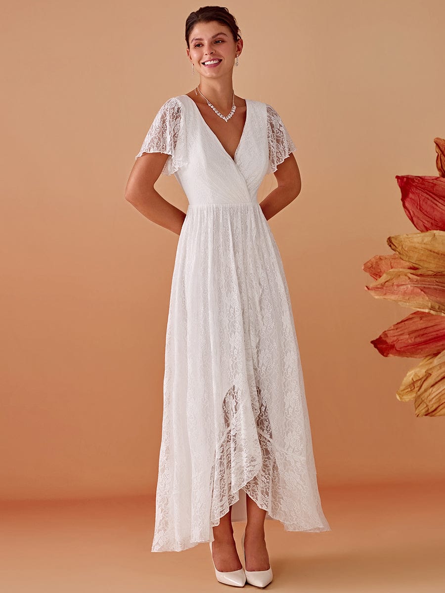 V-Neck Short Sleeve Pleated Ruffled Lace Evening Dress #Color_White