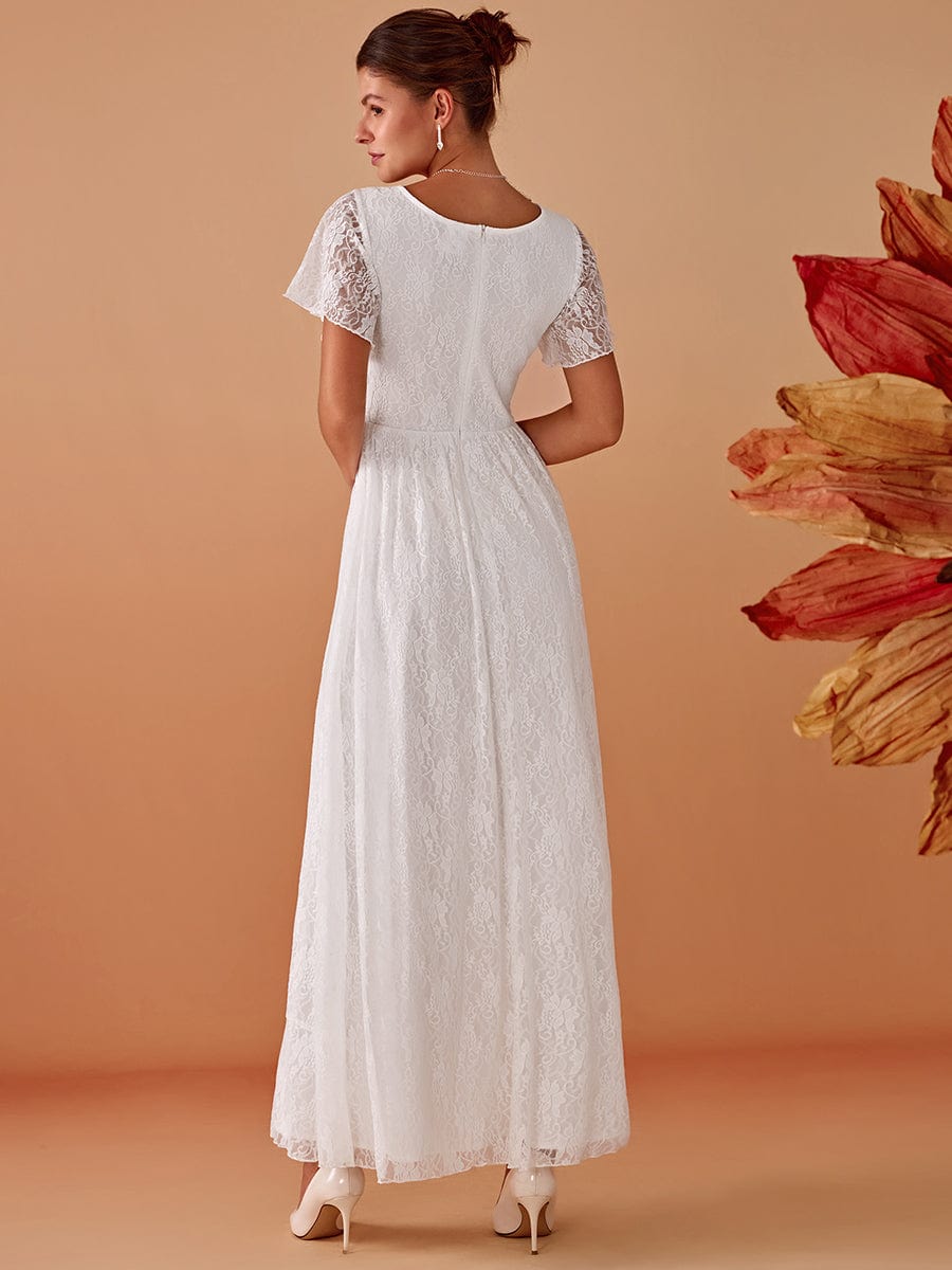 V-Neck Short Sleeve Pleated Ruffled Lace Evening Dress #Color_White