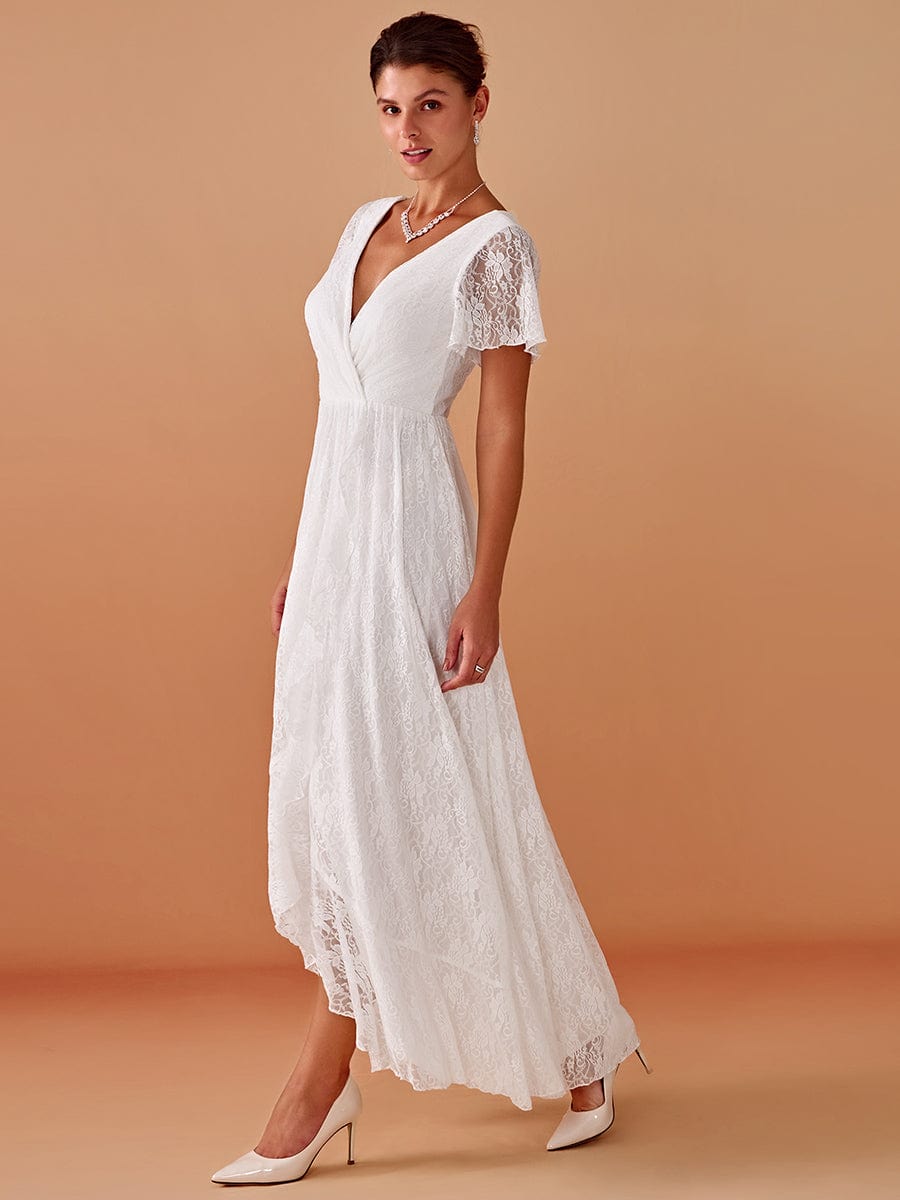 V-Neck Short Sleeve Pleated Ruffled Lace Evening Dress #Color_White