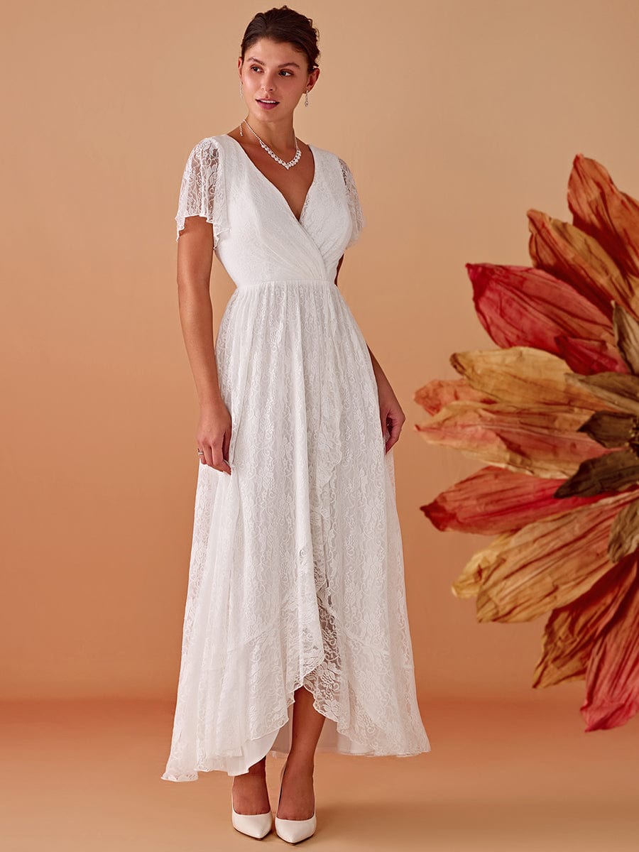 V-Neck Short Sleeve Pleated Ruffled Lace Evening Dress #Color_White