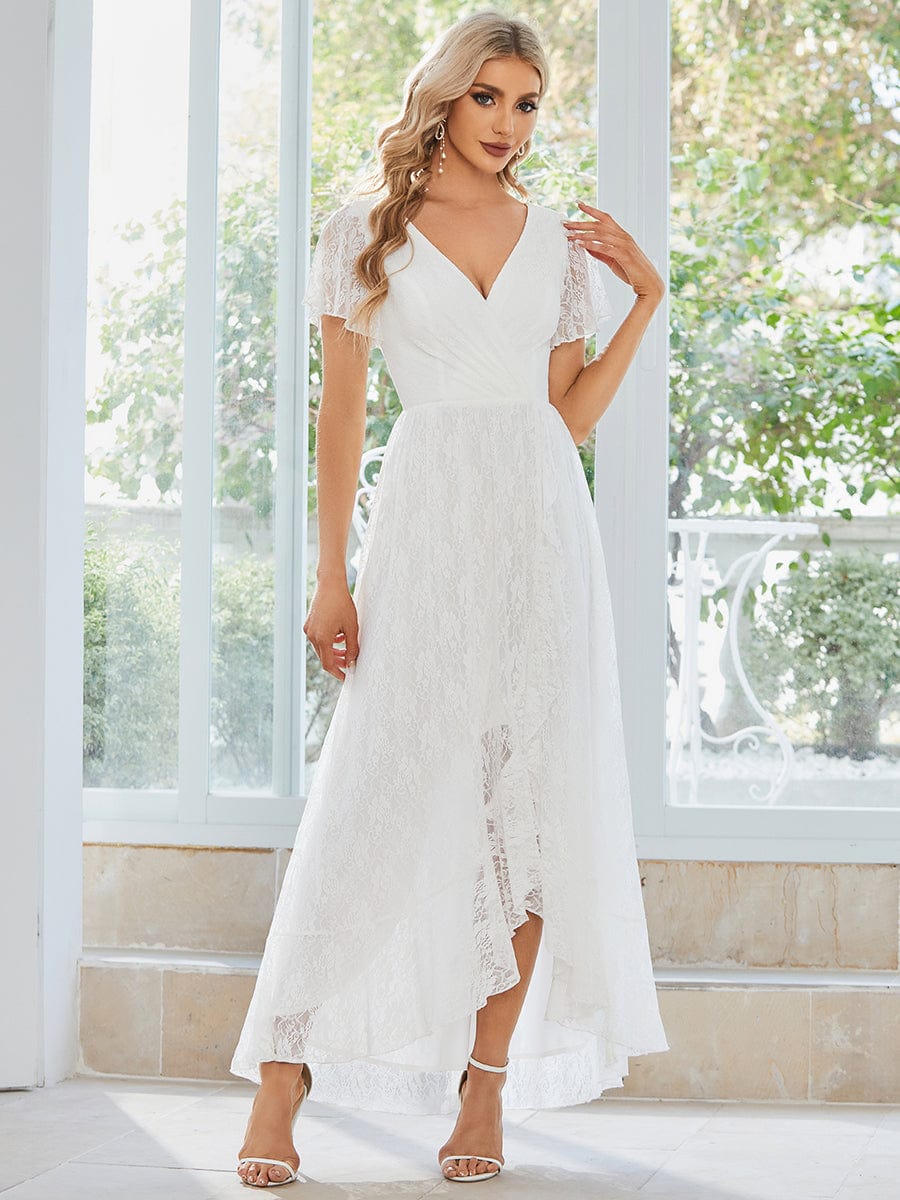 V-Neck Short Sleeve Pleated Ruffled Lace Evening Dress #Color_White