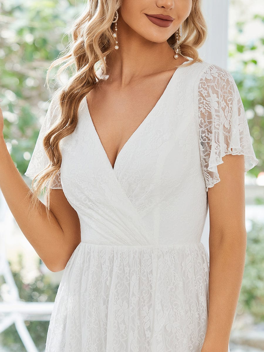 V-Neck Short Sleeve Pleated Ruffled Lace Evening Dress #Color_White