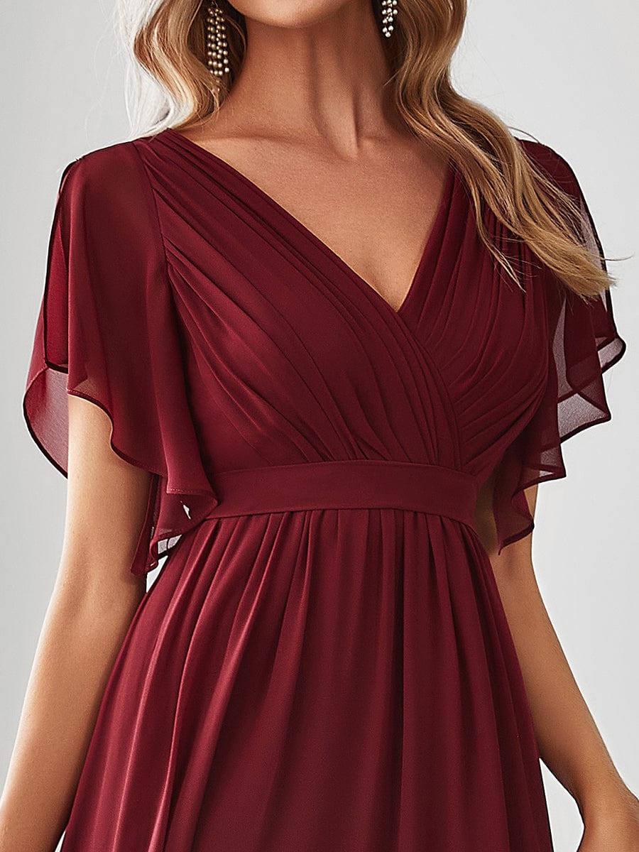 V-Neck Flutter Sleeve Floor-Length A-Line Chiffon Evening Dress #color_Burgundy