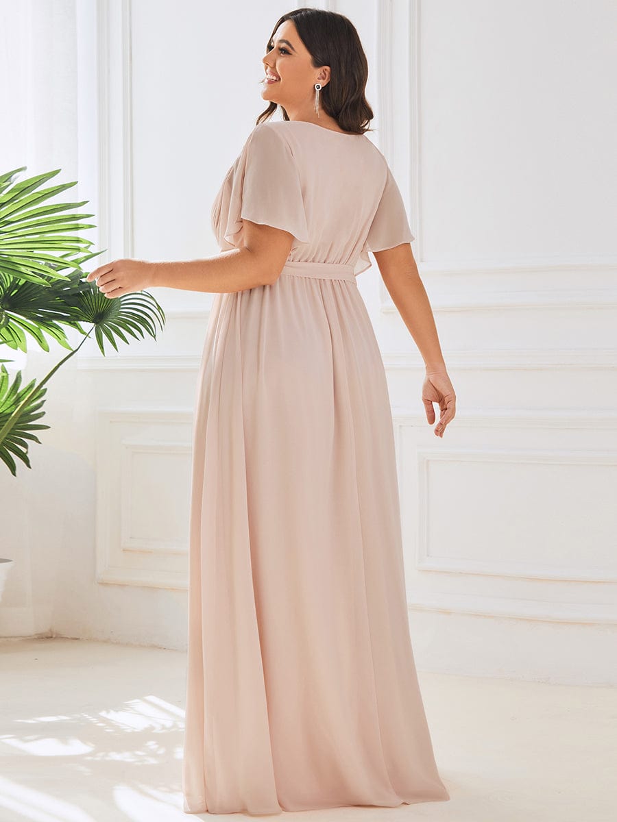 V-Neck Flutter Sleeve Floor-Length A-Line Chiffon Evening Dress #color_Blush