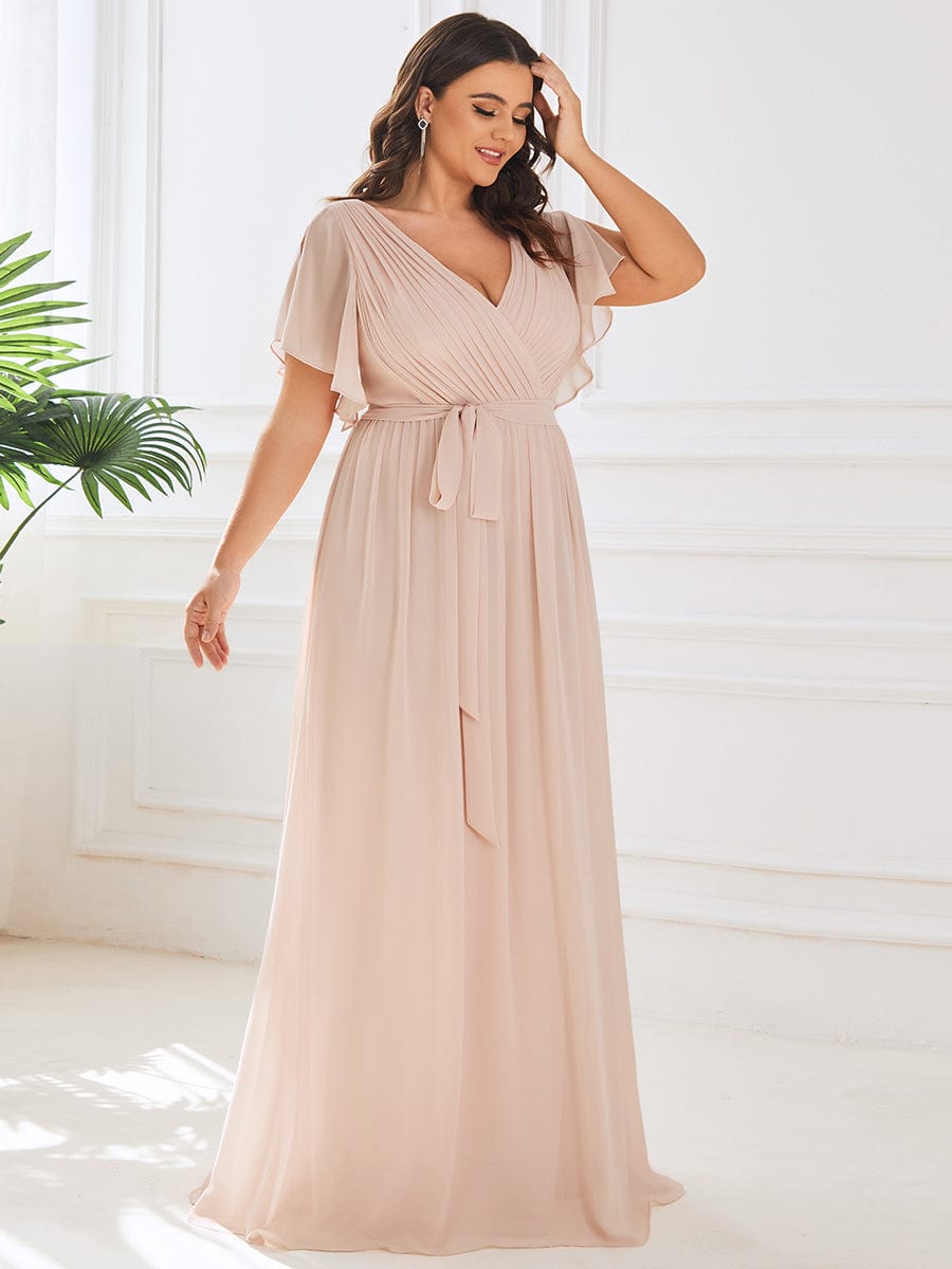 Plus Size Floor-Length Chiffon Evening Dress V-Neck Maxi #color_Blush