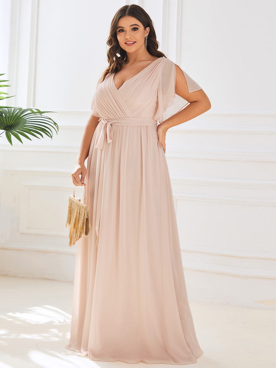 Plus Size Floor-Length Chiffon Evening Dress V-Neck Maxi #color_Blush