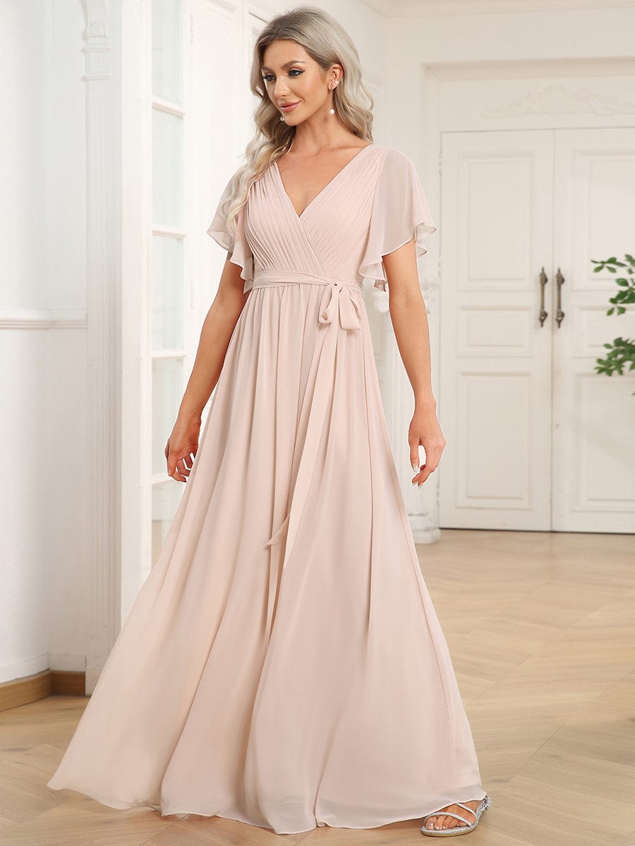 V-Neck Flutter Sleeve Floor-Length A-Line Chiffon Evening Dress #color_Blush