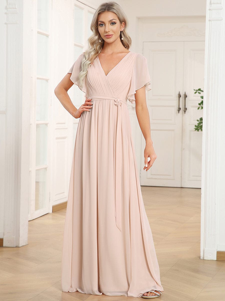 V-Neck Flutter Sleeve Floor-Length A-Line Chiffon Evening Dress #color_Blush