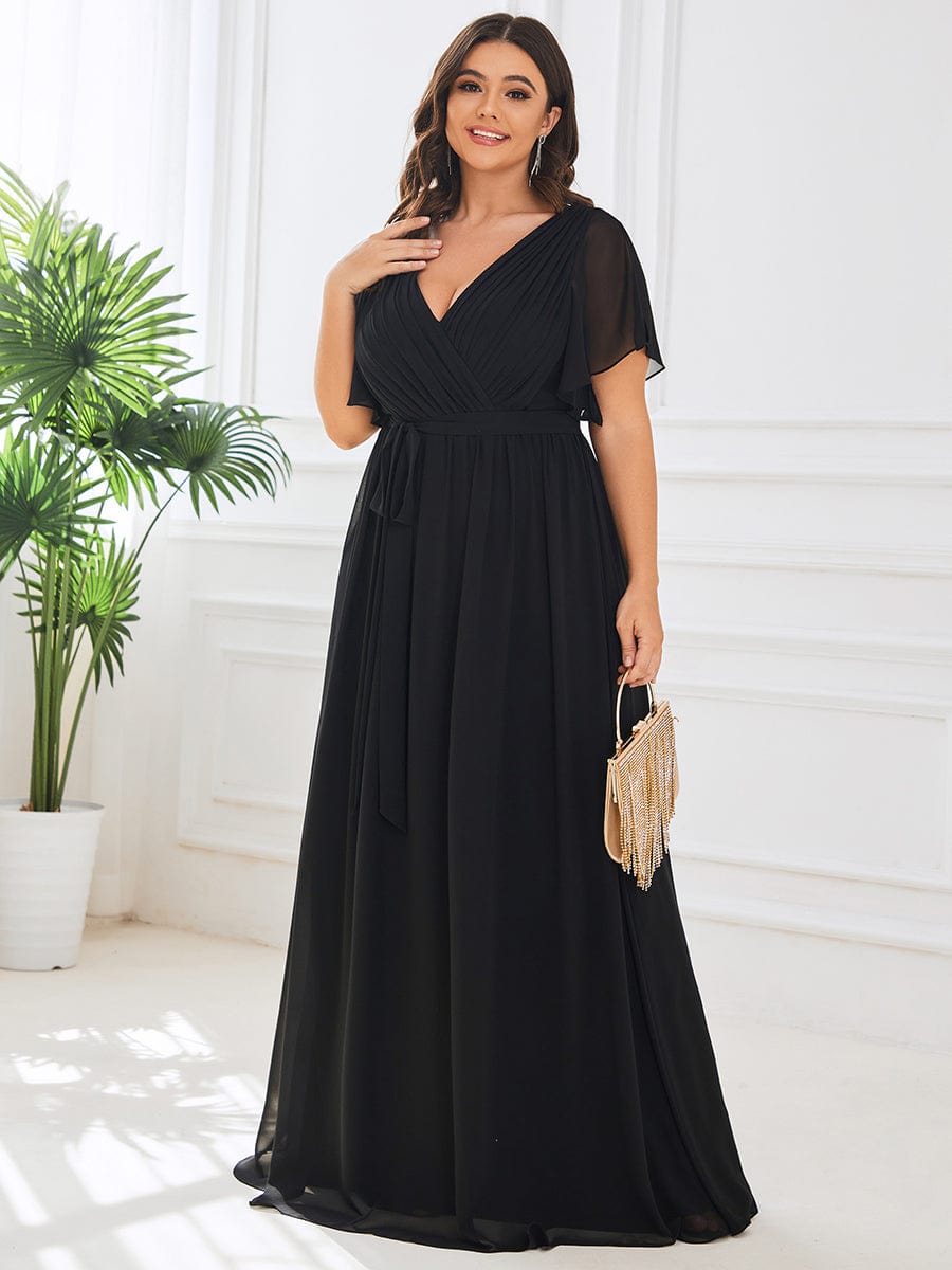 V-Neck Flutter Sleeve Floor-Length A-Line Chiffon Evening Dress #color_Black