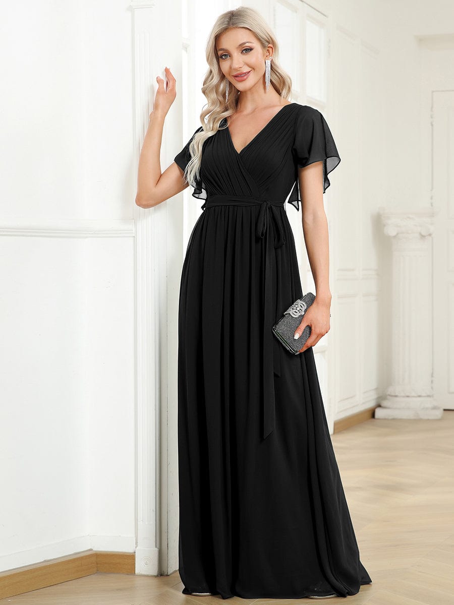 V-Neck Flutter Sleeve Floor-Length A-Line Chiffon Evening Dress #color_Black