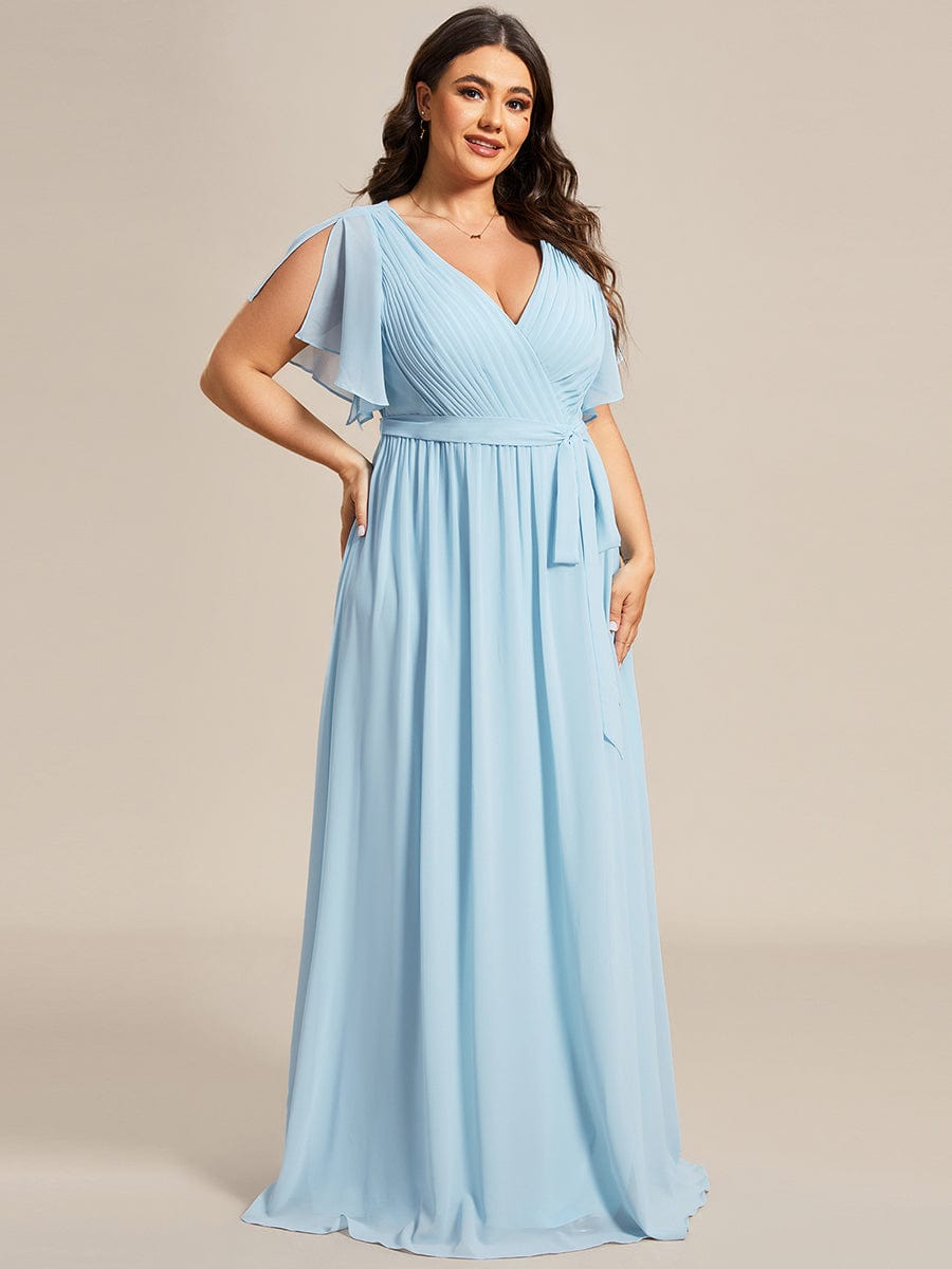 V-Neck Flutter Sleeve Floor-Length A-Line Chiffon Evening Dress #color_Sky Blue