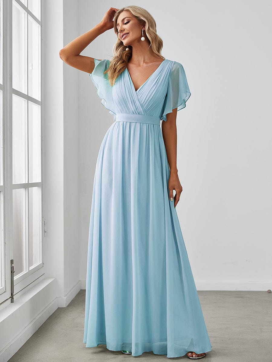 V-Neck Flutter Sleeve Floor-Length A-Line Chiffon Evening Dress #color_Sky Blue