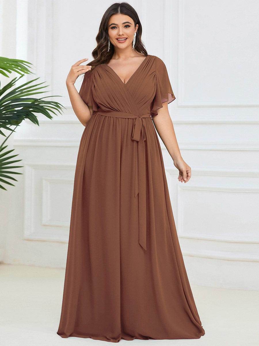 Custom Size V-Neck Flutter Sleeve Floor-Length A-Line Chiffon Evening Dress #color_Brown