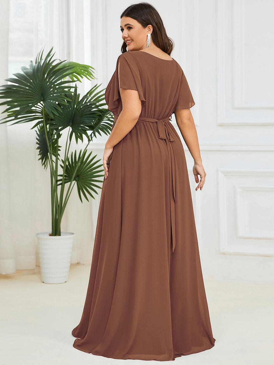 Custom Size V-Neck Flutter Sleeve Floor-Length A-Line Chiffon Evening Dress #color_Brown